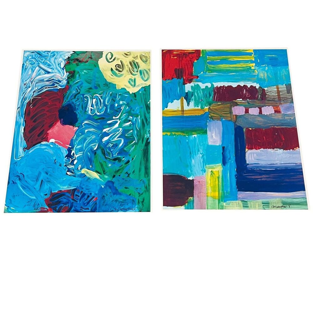 Abstract Art Print Set Lot Of 2 Signed Christopher V Colorful Bright 8.5x11”